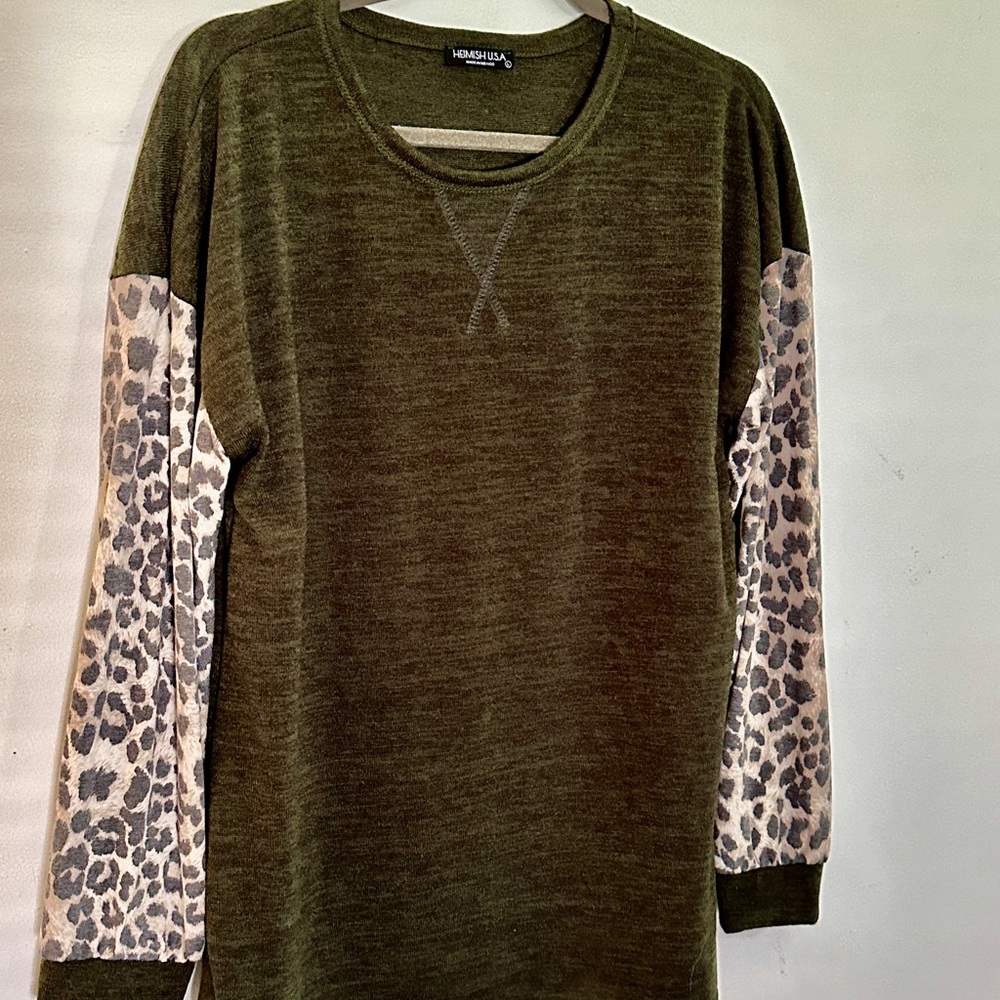 HEIMISH USA Olive Green Leopard Sleeve Top